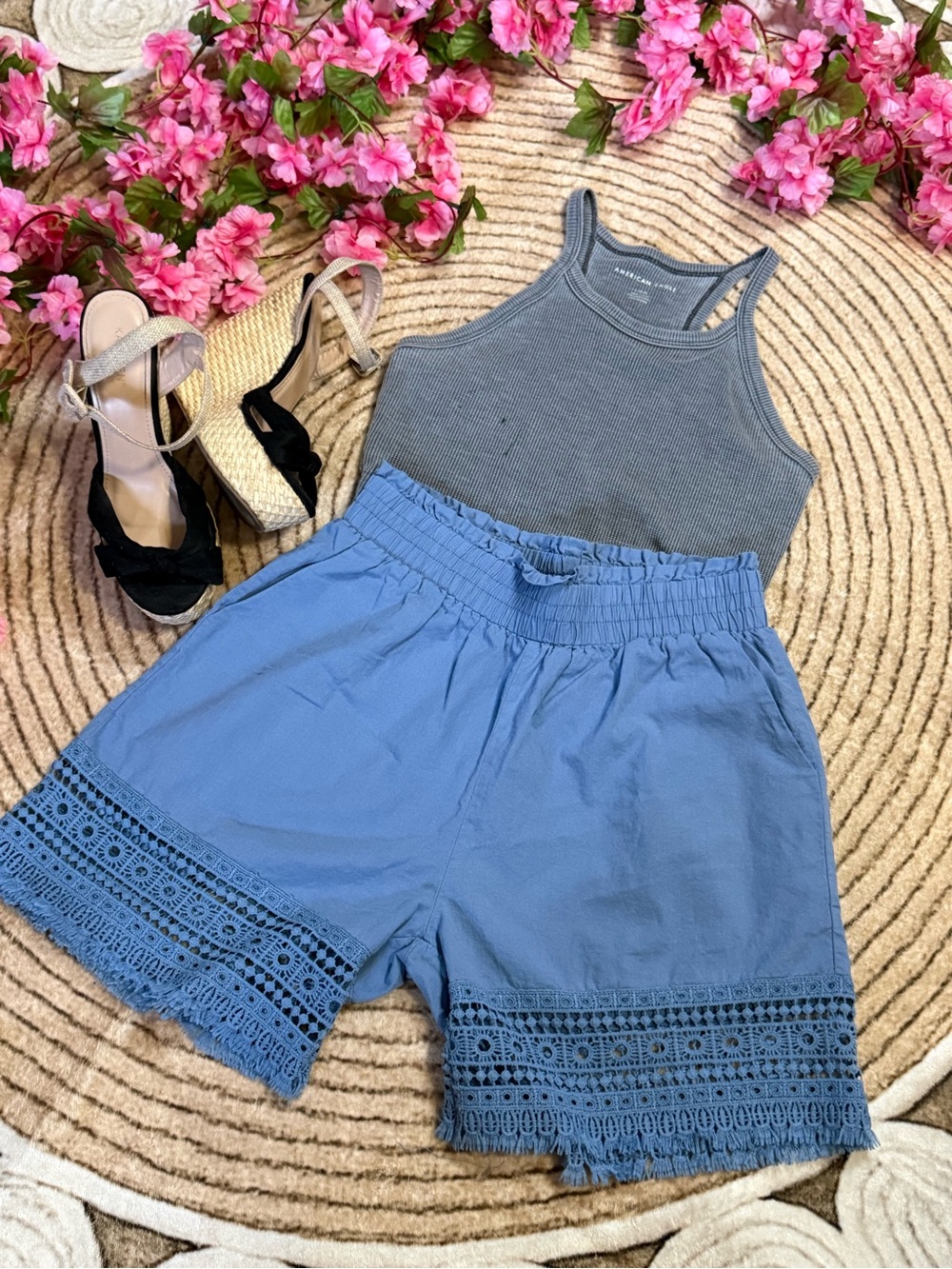 Blue Crochet Hem Shorts